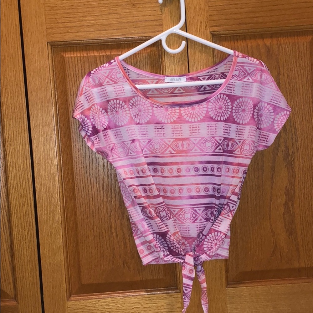 Pink, patterned tie up blouse